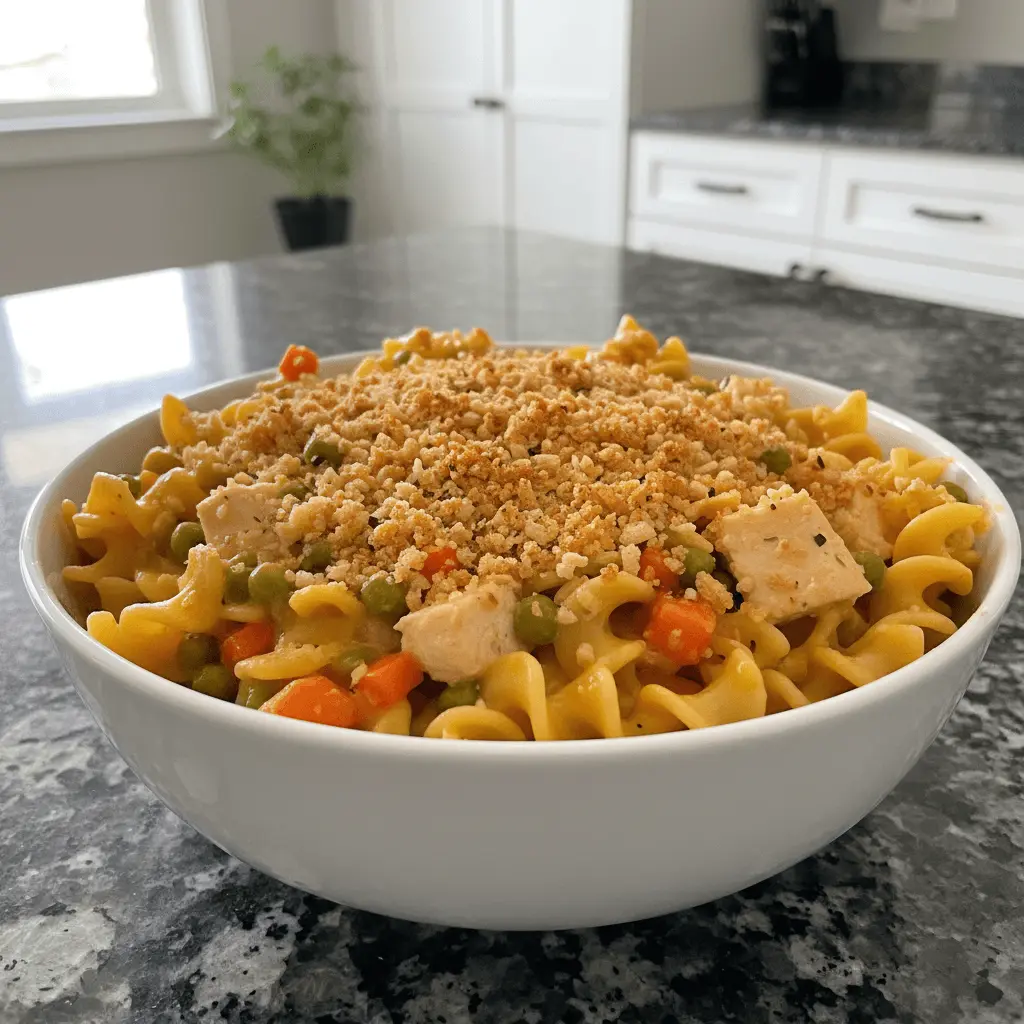 Close-up of a creamy chicken noodle casserole topped with golden breadcrumbs in a white bowl, set in a modern kitchen.