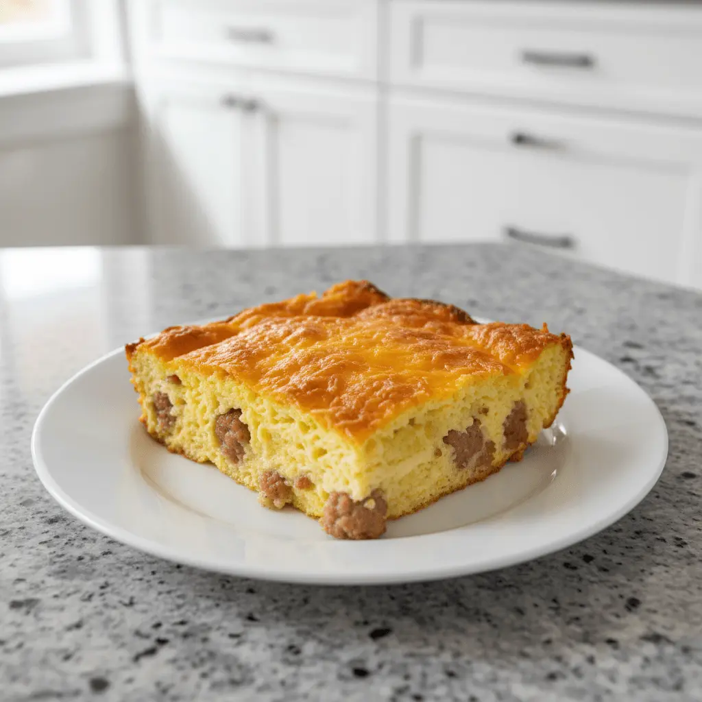 Golden-baked Christmas breakfast casserole with melted cheese and sausage on a white plate.