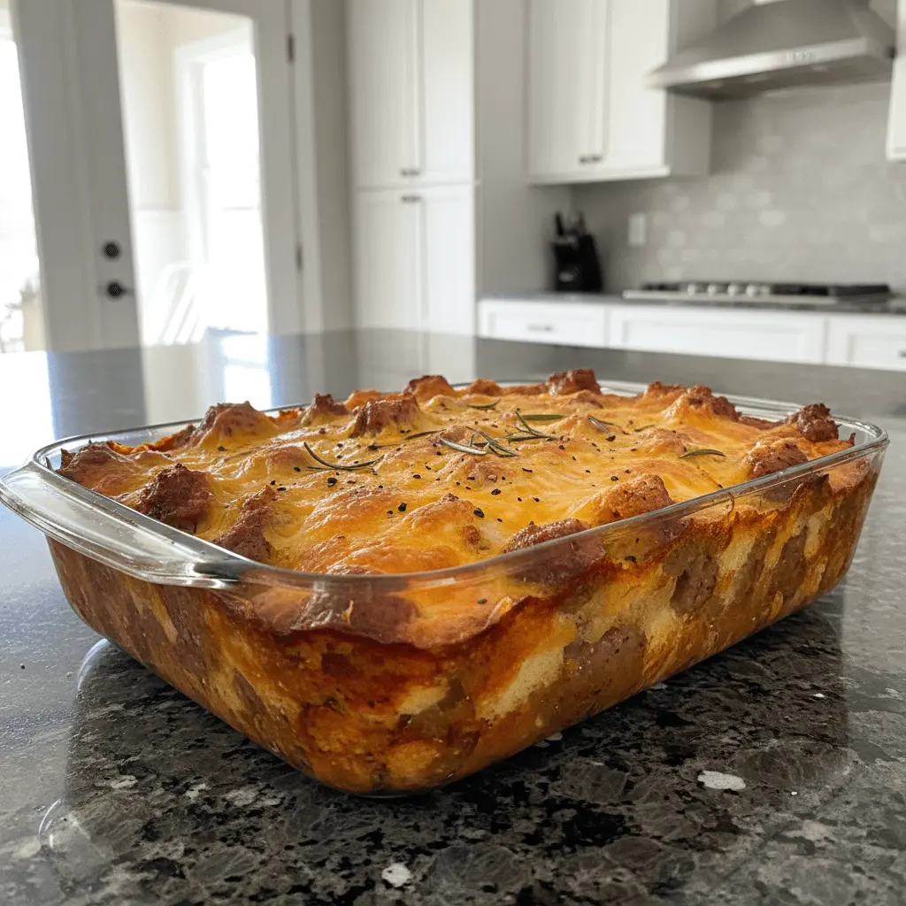 Freshly baked savory Christmas casserole with melted cheese, sausage, and rosemary in a glass dish on a modern kitchen counter.