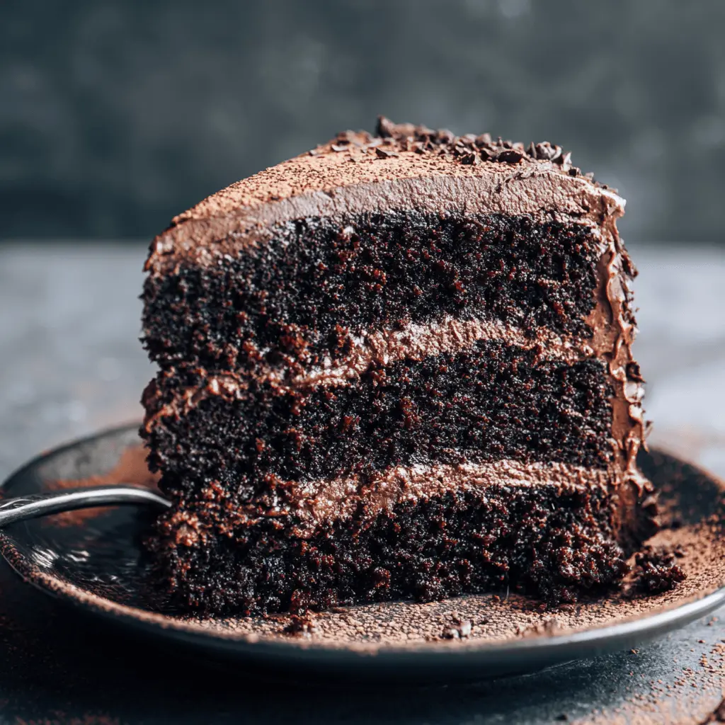 Decadent slice of moist vegan chocolate cake with rich frosting and cocoa dusting on a dark plate, ready to be enjoyed.