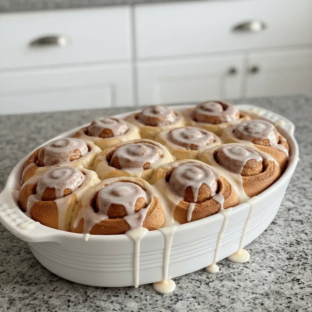 Freshly baked cinnamon roll casserole in a white baking dish, generously covered with sweet glaze.