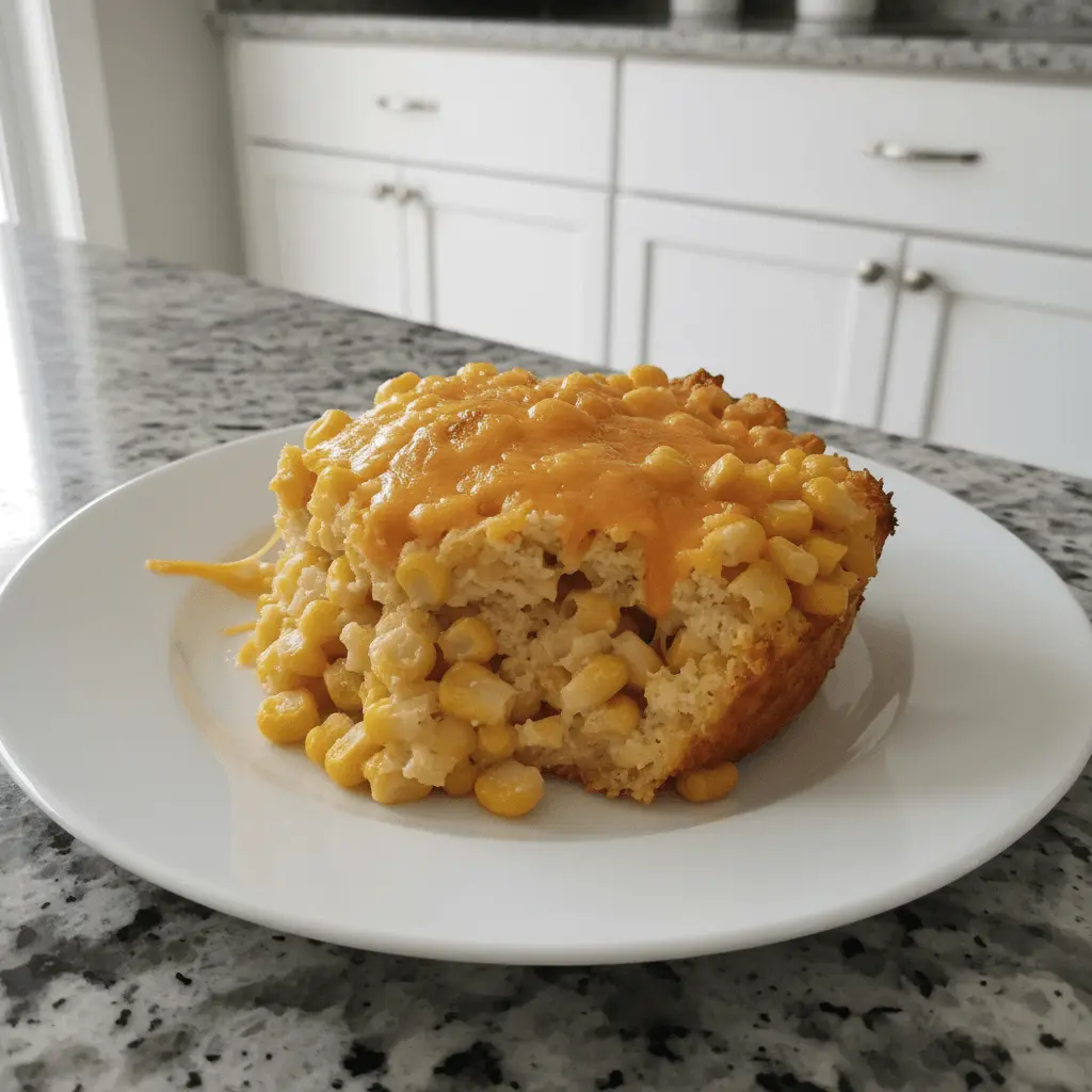 Delicious homemade corn casserole with melted cheese, served on a white plate in a modern kitchen.