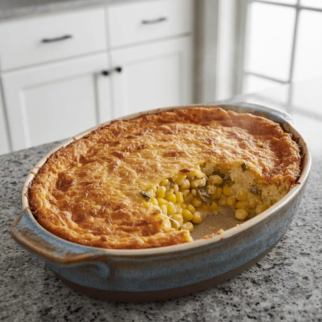 Freshly baked corn casserole jiffy in a rustic blue-green dish, revealing vibrant corn and green peppers.