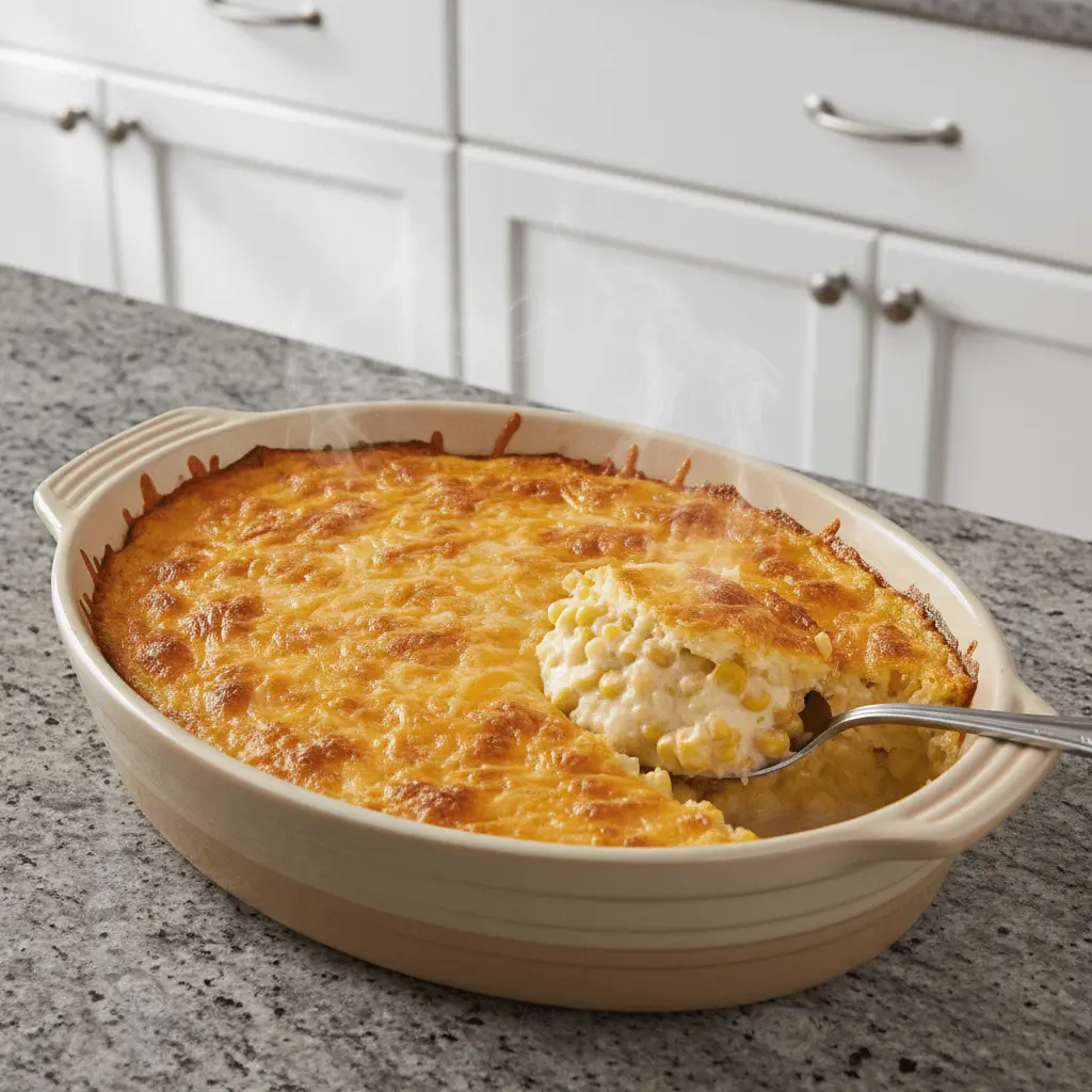 Close-up of a steaming, cheesy corn pudding casserole in an oval baking dish with a serving spoon.
