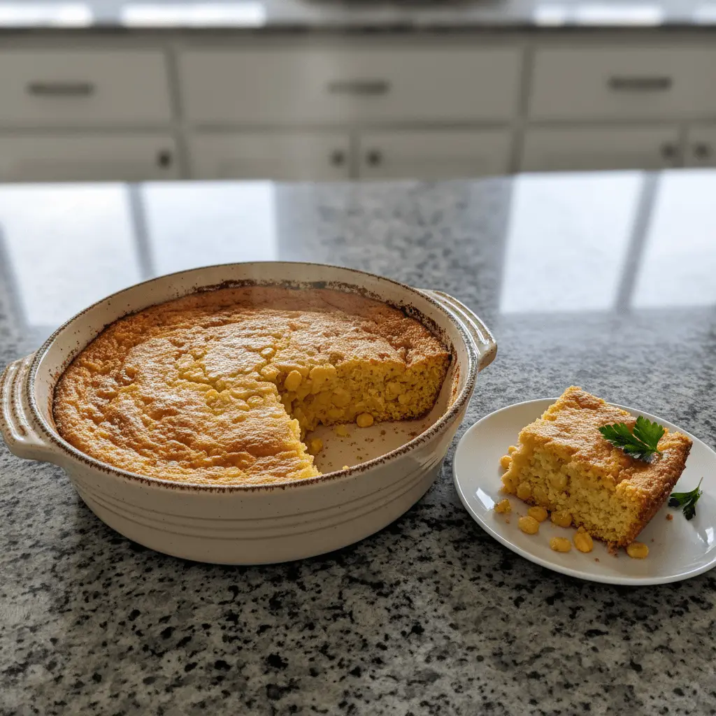 Golden cornbread casserole with a slice removed, garnished with parsley on a modern kitchen countertop.