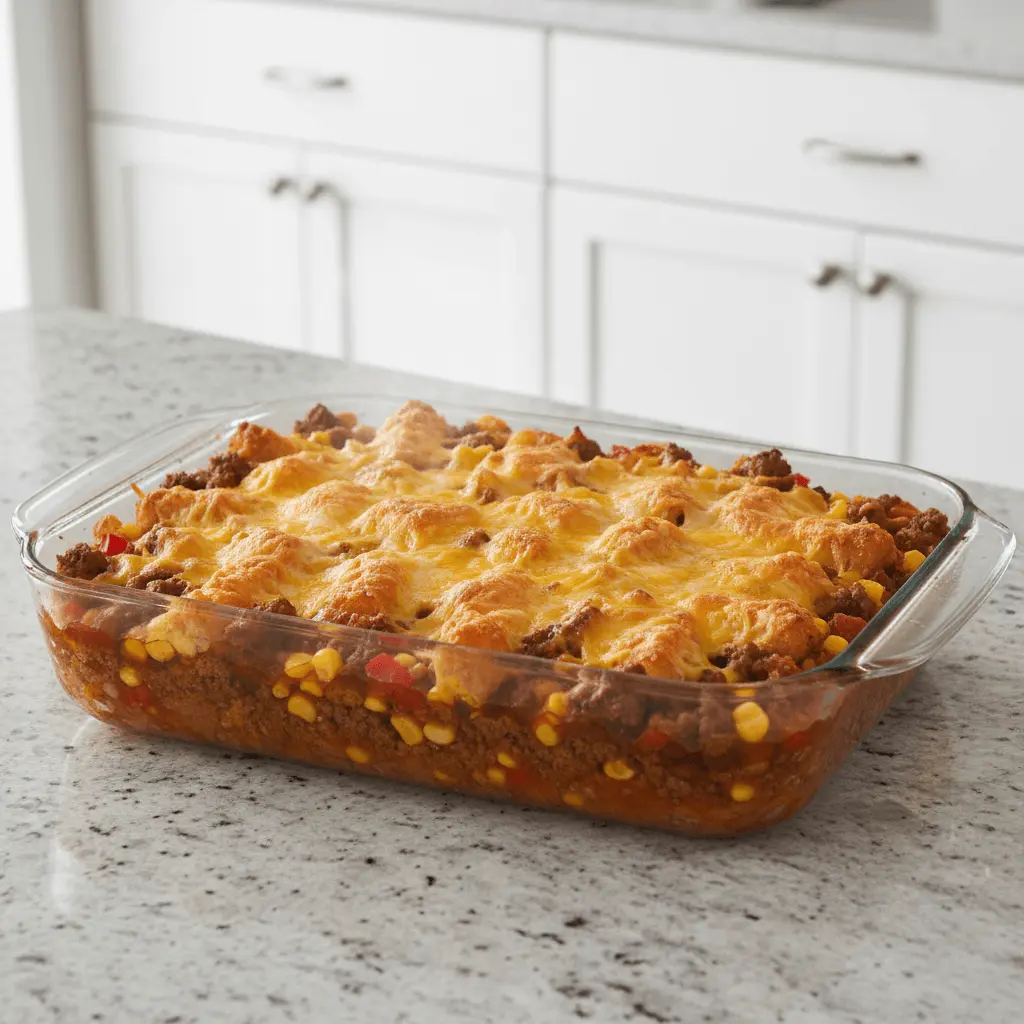 Freshly baked cowboy casserole in a glass dish with a golden cheese and biscuit topping.