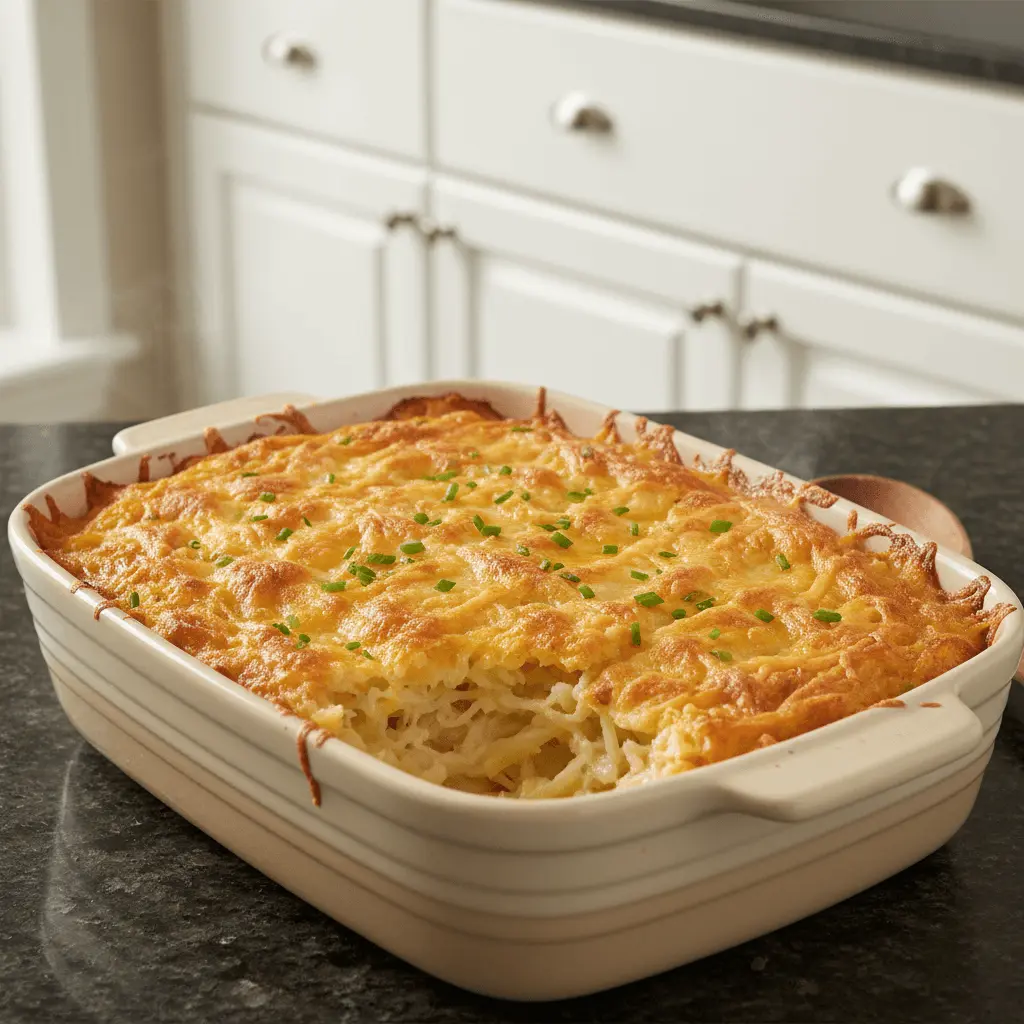 Freshly baked Cracker Barrel hashbrown casserole with a golden-brown cheesy crust and chives, hot from the oven.