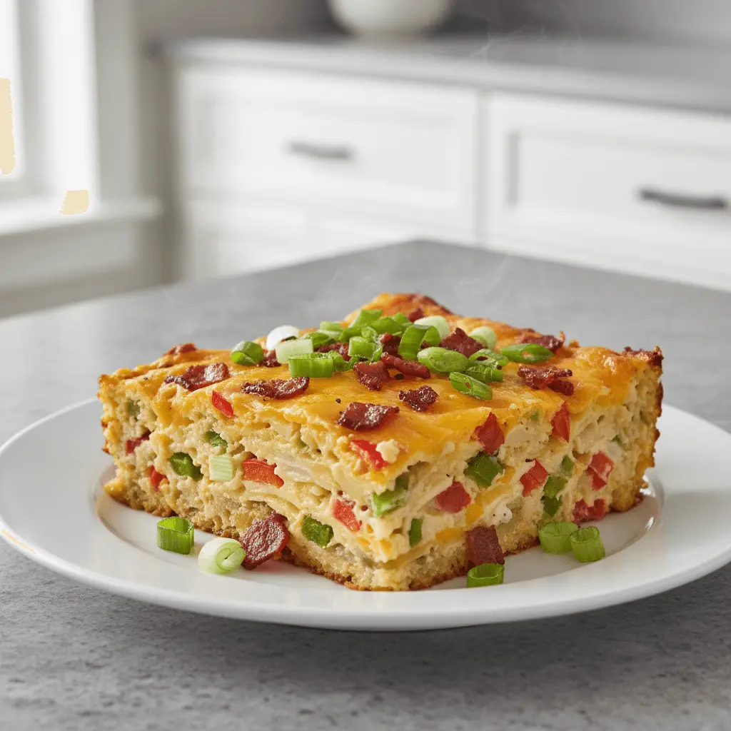 A delicious slice of crockpot breakfast casserole with melted cheddar cheese, crispy bacon, and fresh green onions on a white plate.