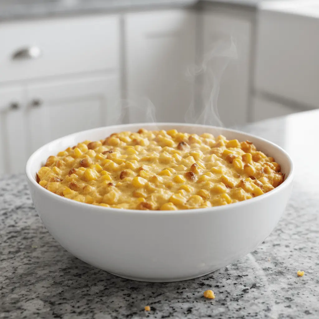 Steaming crockpot corn casserole in a white ceramic bowl on a granite countertop.