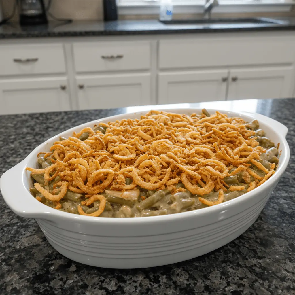 Delicious crockpot green bean casserole with crispy fried onions in a white baking dish on a modern kitchen counter.