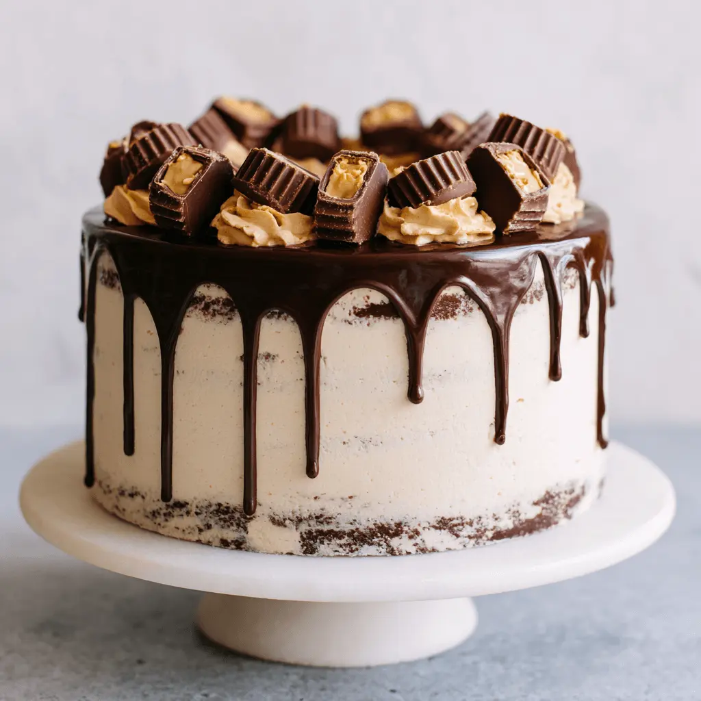 A decadent multi-layered peanut butter chocolate cake with a chocolate drip, topped with peanut butter frosting swirls and Reese's Peanut Butter Cups, displayed on a white marble stand.
