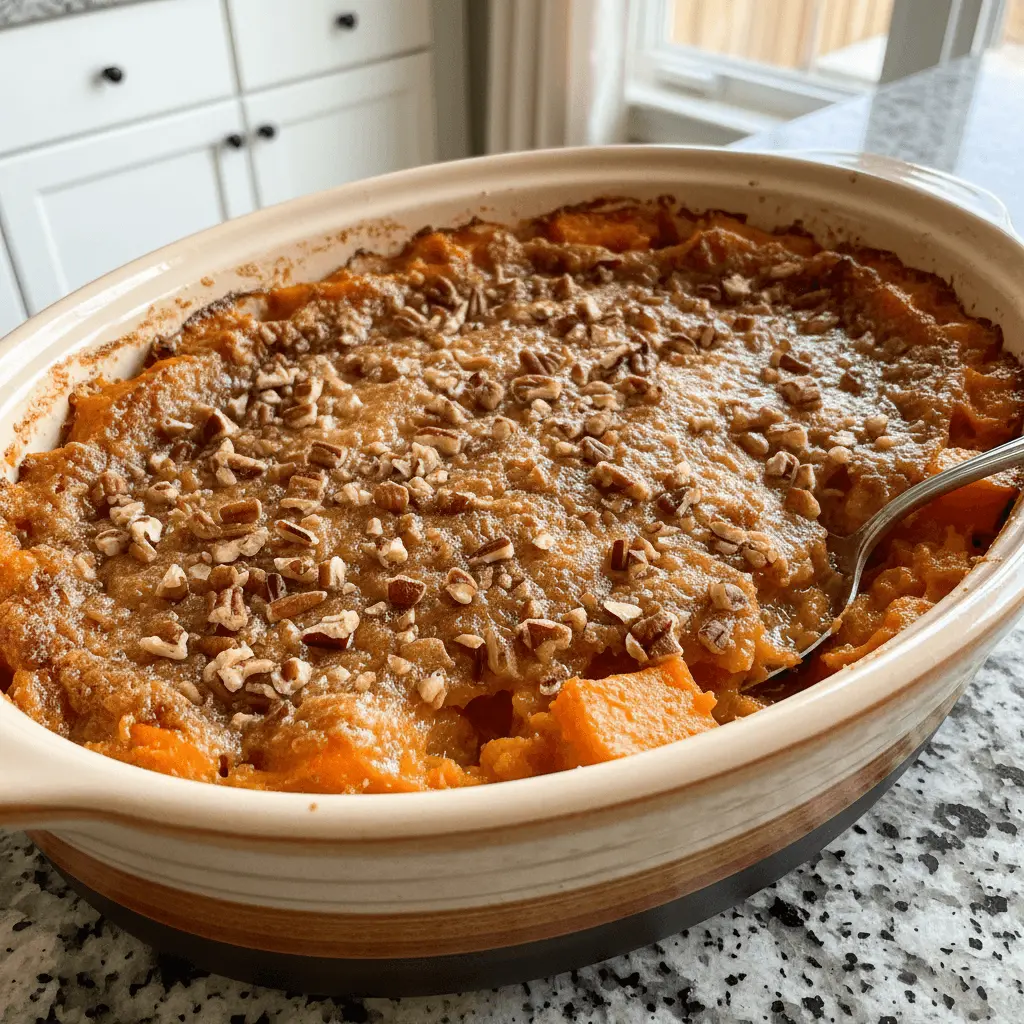 Warm crockpot sweet potato casserole with golden streusel and pecans in a ceramic dish.