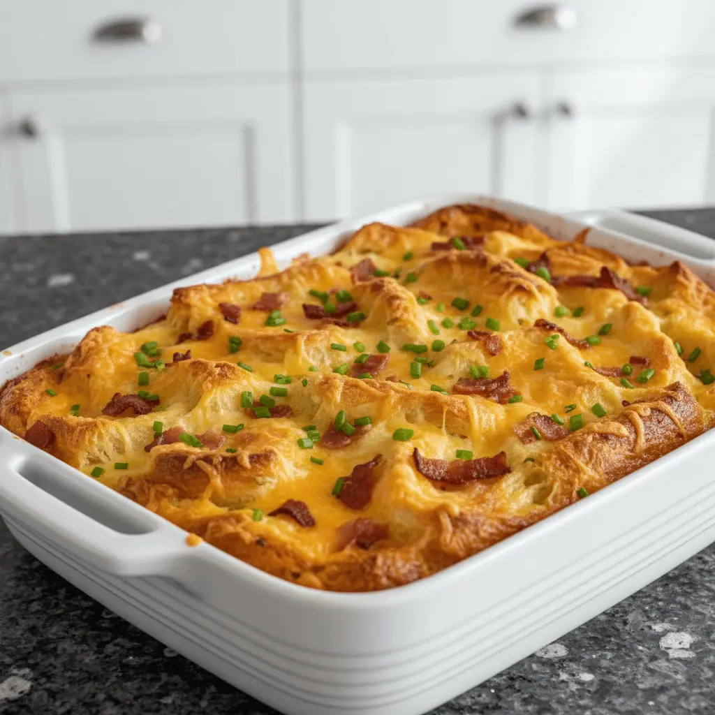 Close-up of a golden-brown croissant breakfast casserole in a white baking dish, topped with melted cheese, crispy bacon bits, and fresh chives.
