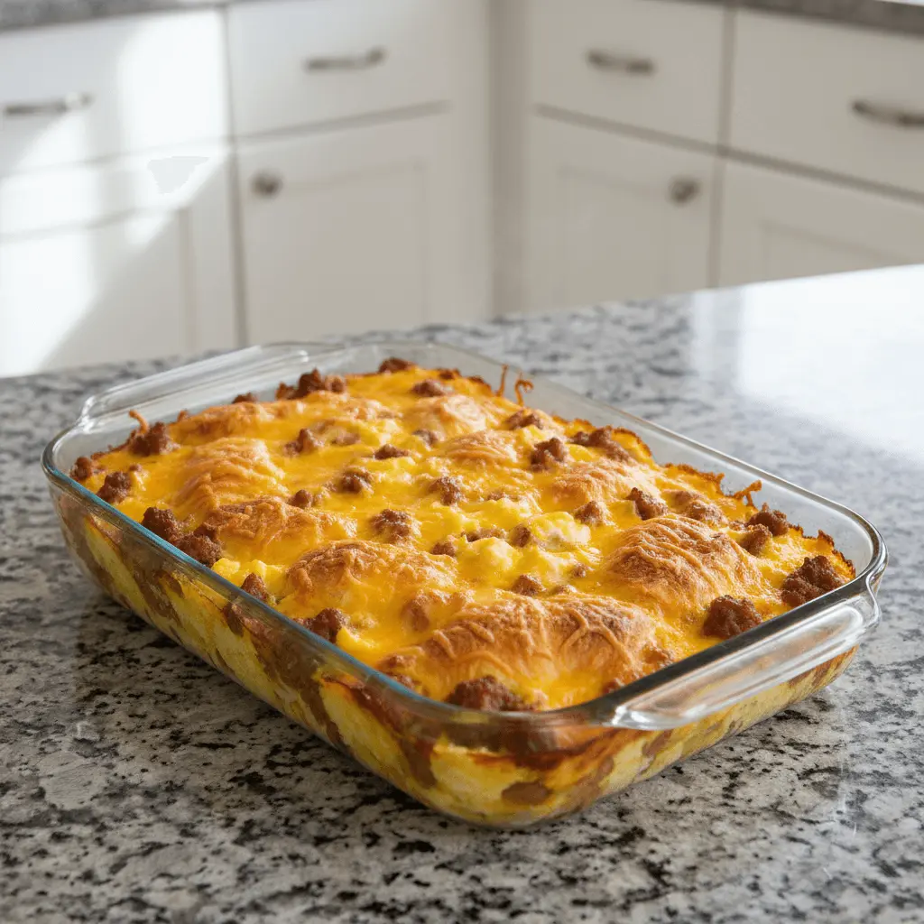 Freshly baked crescent roll breakfast casserole with melted cheese, sausage, and eggs in a glass dish on a granite countertop.