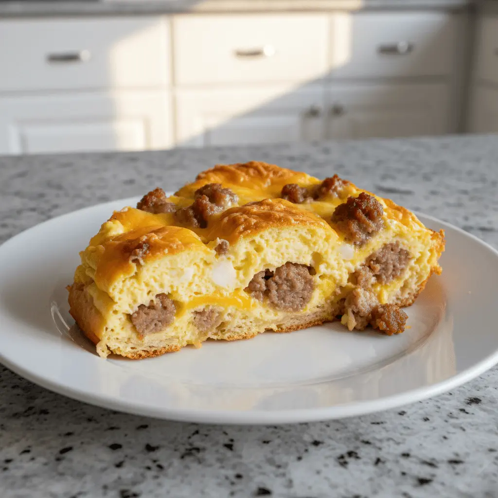 A delicious slice of golden crescent roll breakfast casserole with egg, sausage, and melted cheese on a white plate.