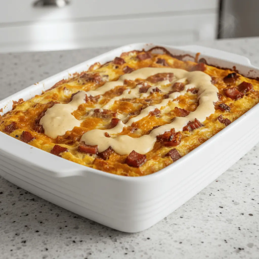 Hearty, golden-yellow eggs benedict casserole with creamy hollandaise-like sauce and meat chunks in a white baking dish on a light countertop.