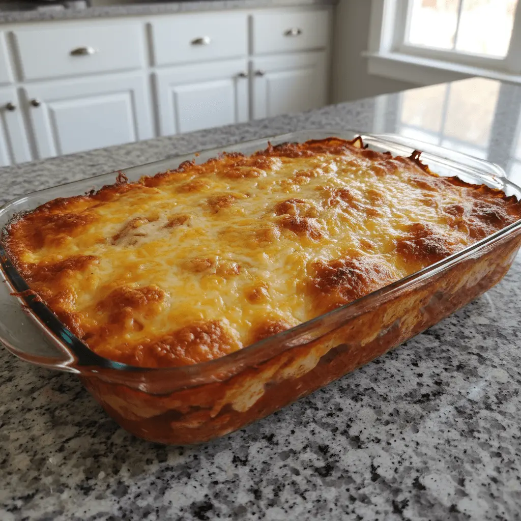 Freshly baked enchilada casserole with bubbling golden-brown cheese on a speckled granite countertop.