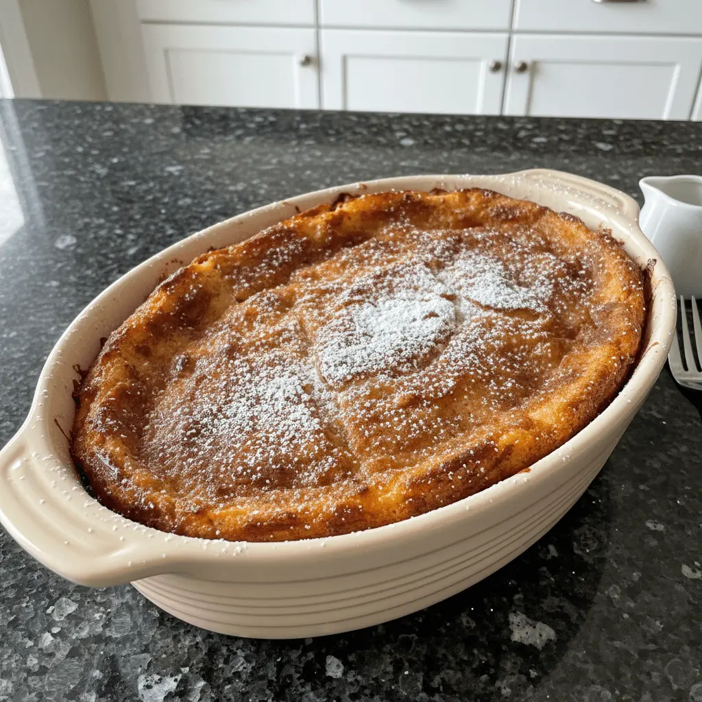 A golden-brown french toast casserole, dusted with powdered sugar, in an oval ceramic baking dish on a kitchen counter.