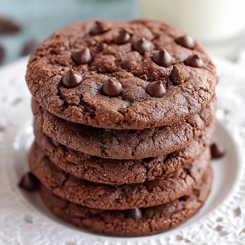 A close-up of a tall stack of freshly baked chocolate cake mix cookies with visible chocolate chips on an elegant white plate.