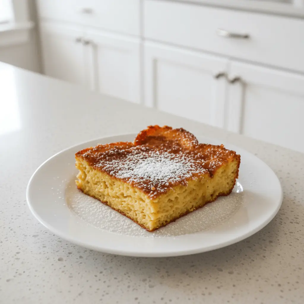 Delicious golden-brown french toast casserole slice dusted with powdered sugar on a white plate.