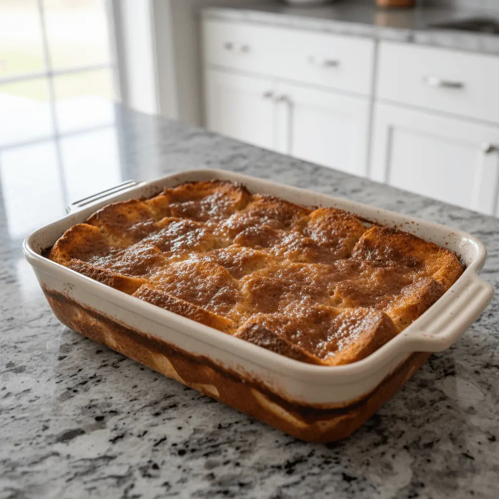 Golden-brown french toast casserole overnight, freshly baked in a ceramic dish on a modern kitchen counter.
