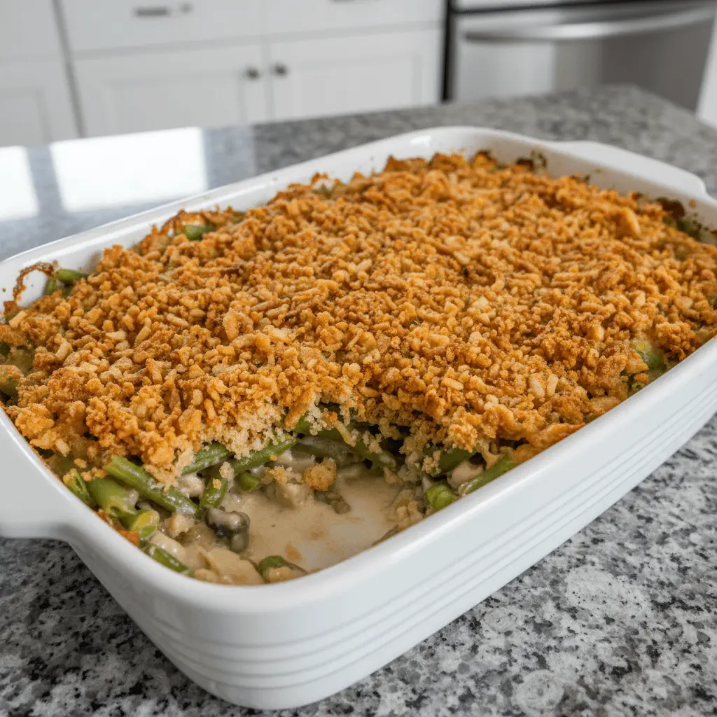 A freshly baked, partially served gluten free green bean casserole with a golden-brown crispy topping, revealing creamy green beans and mushrooms in a modern kitchen setting.