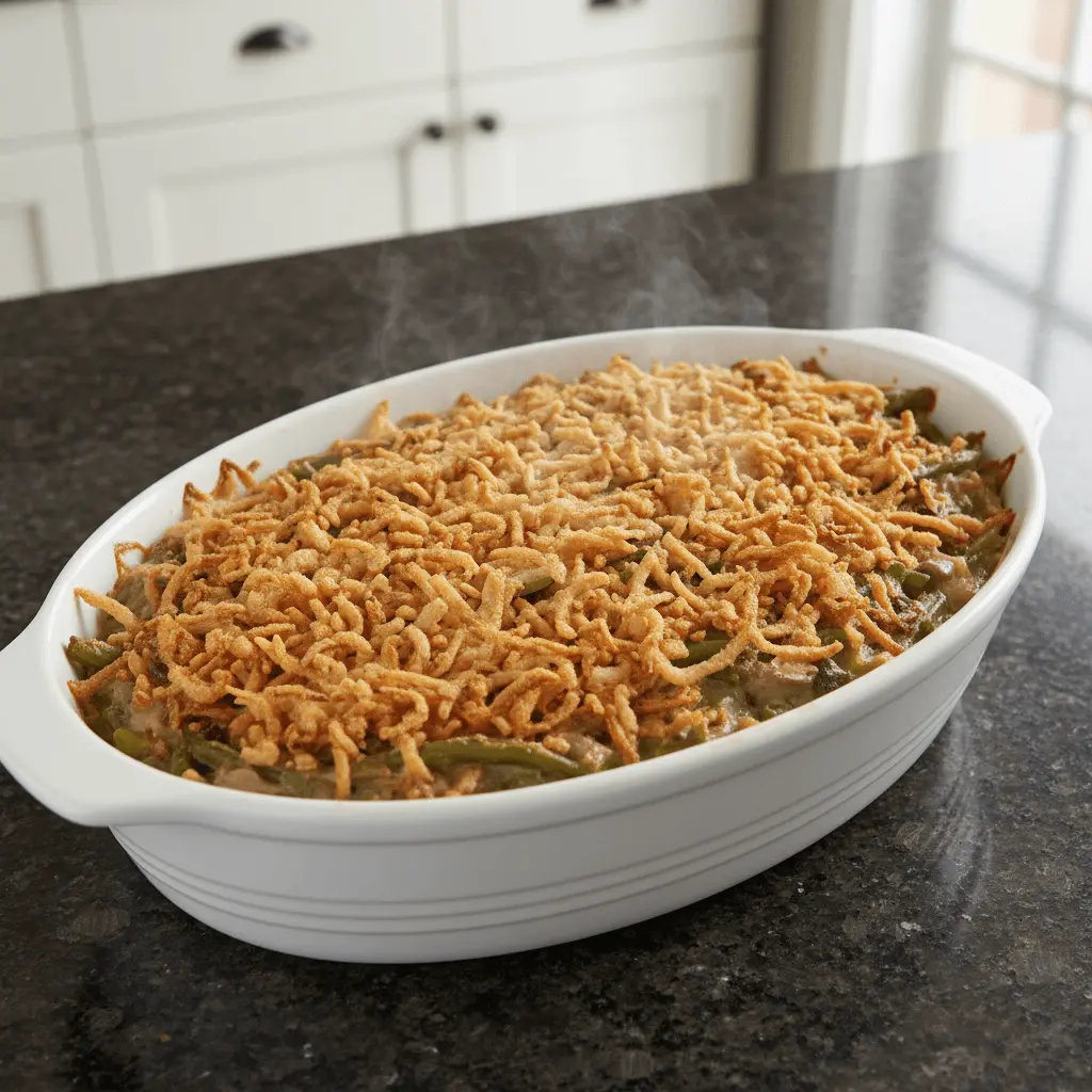 Appetizing close-up of a freshly baked green bean casserole with crispy fried onion topping.