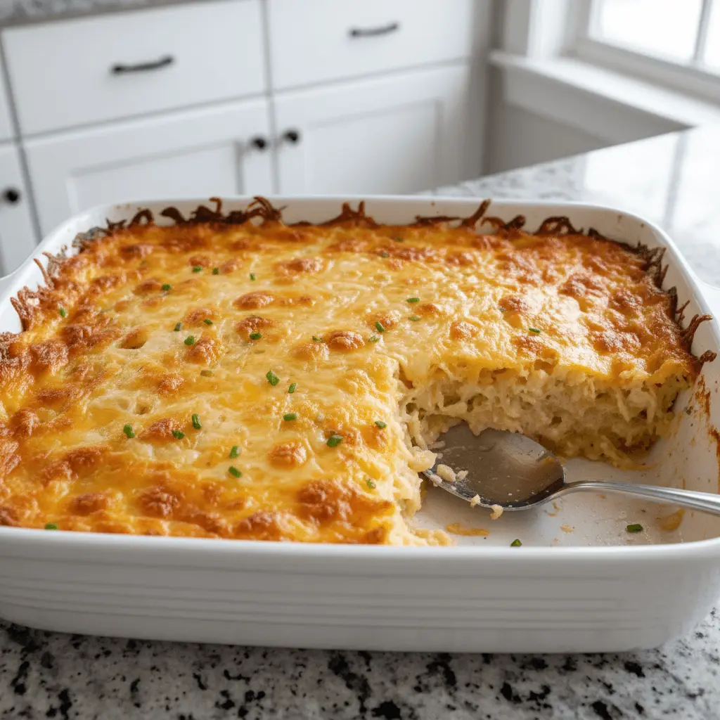 Golden-brown hashbrown casserole with a cheesy crust and chives in a white baking dish.