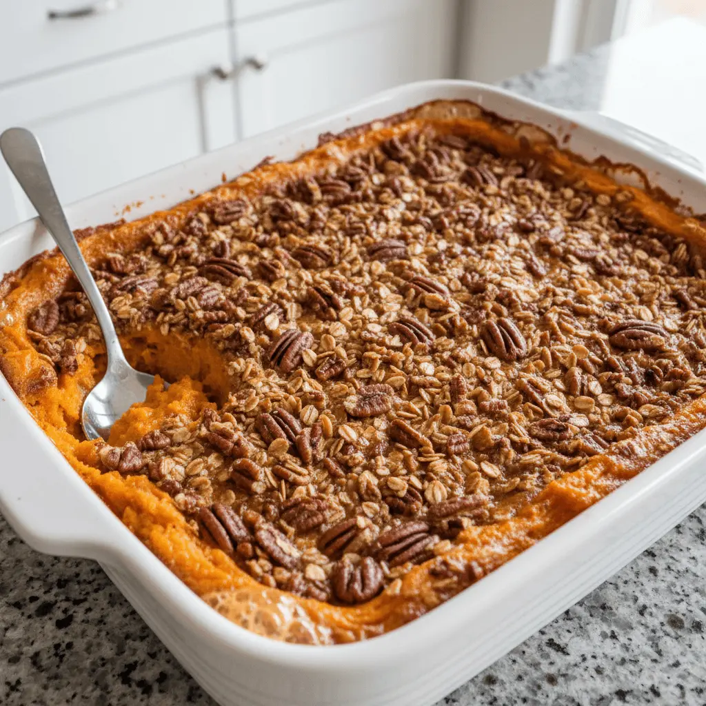 Close-up of a delicious, healthy sweet potato casserole with a golden oat and pecan streusel topping in a white baking dish.