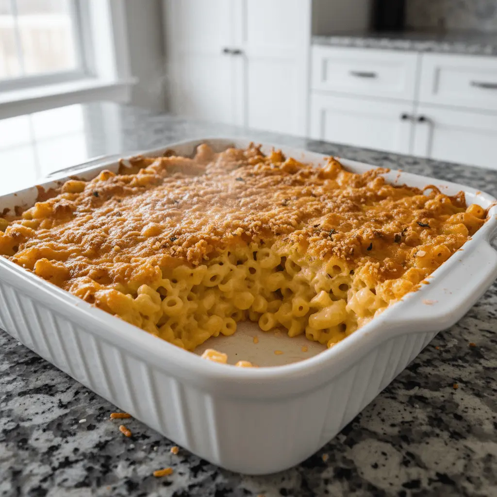 Steaming, freshly baked mac and cheese casserole with a golden-brown crust on a modern kitchen counter.