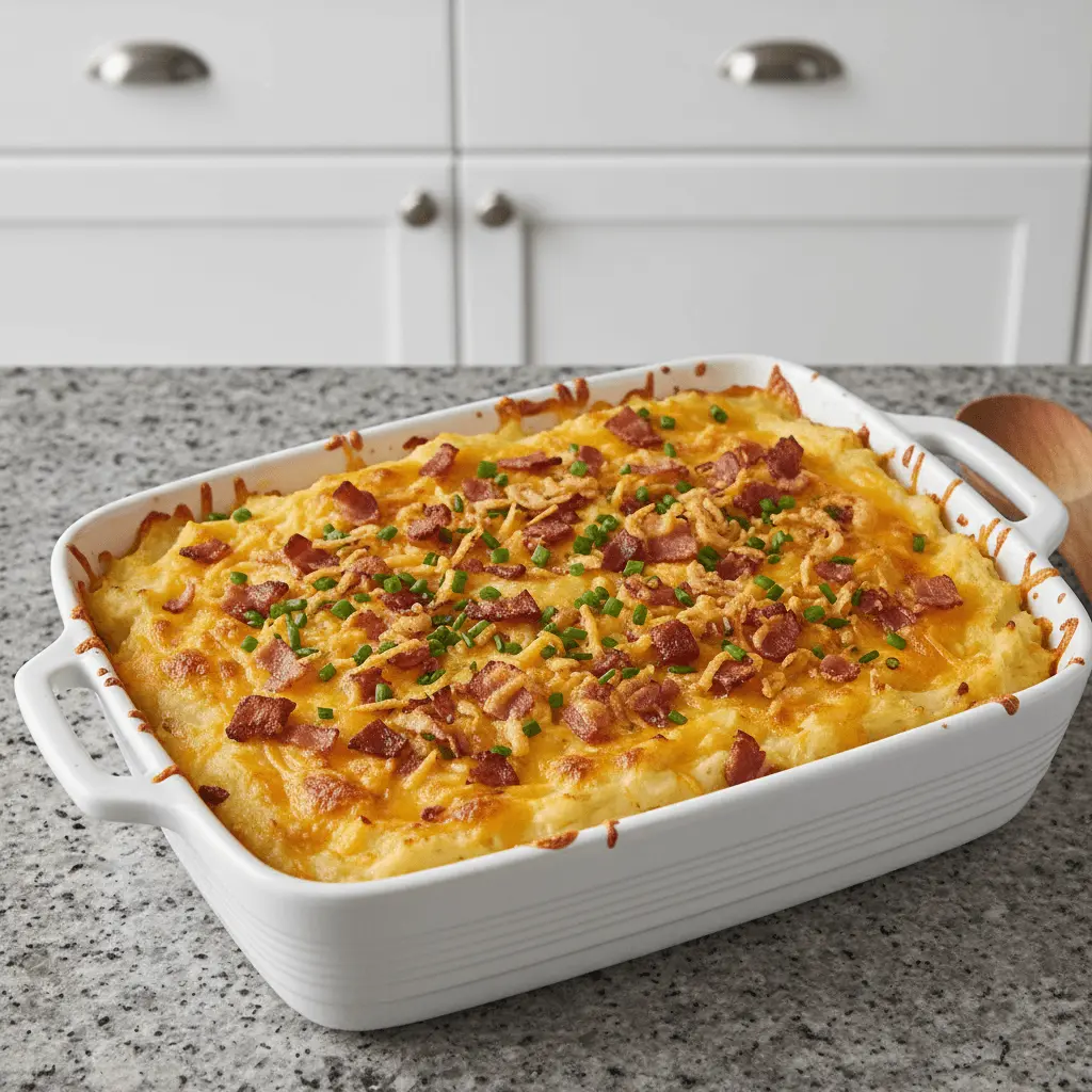 Golden-baked mashed potato casserole topped with melted cheese, crispy bacon, fresh chives, and fried onions in a modern kitchen.