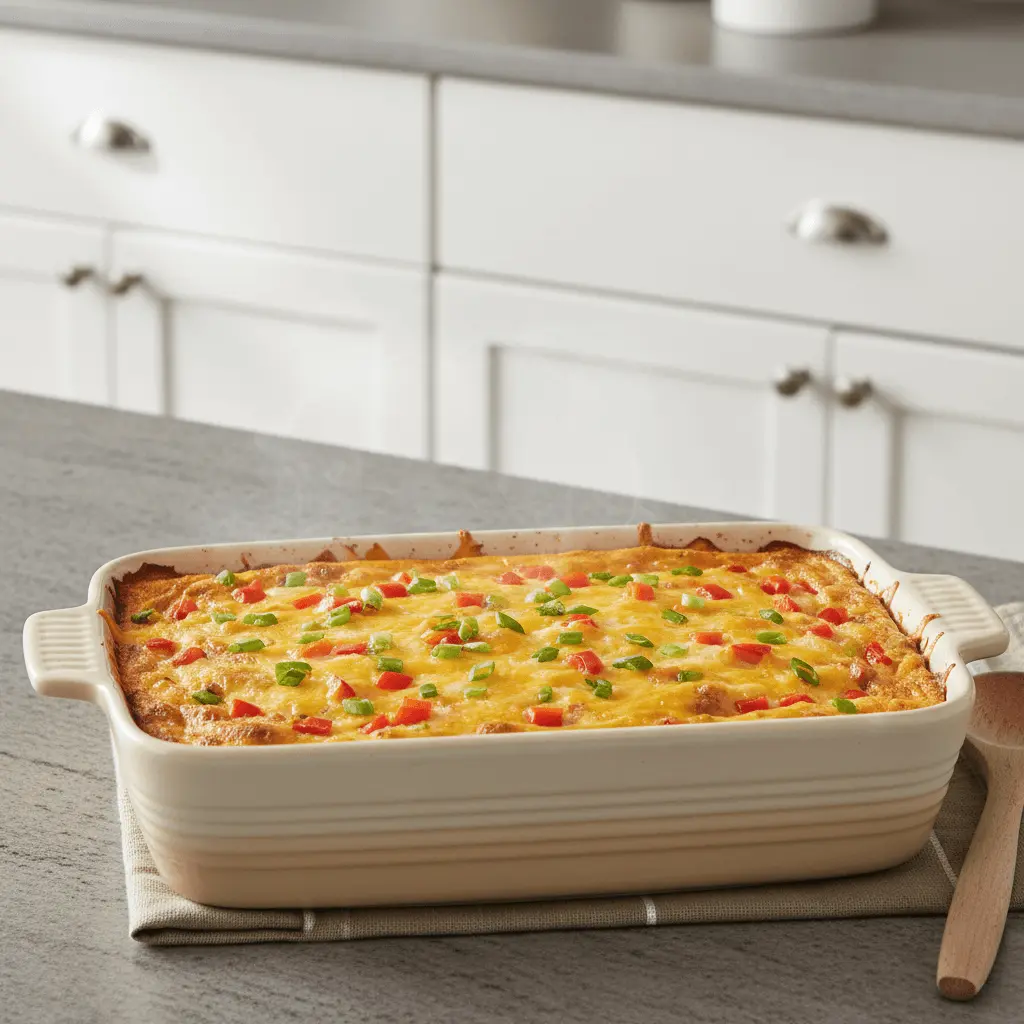 A steaming, golden overnight breakfast casserole topped with vibrant red bell peppers and green onions, fresh from the oven on a modern kitchen counter.
