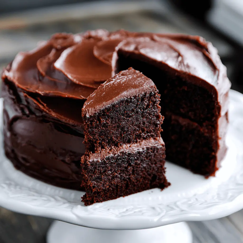 A decadent Ina Garten chocolate cake with rich frosting and a perfect slice removed, showcasing its moist layers on a white pedestal stand.