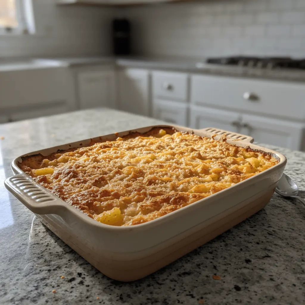 Golden-baked dish, similar to a gratin, fresh from the oven, representing the comfort of a homemade pineapple casserole.