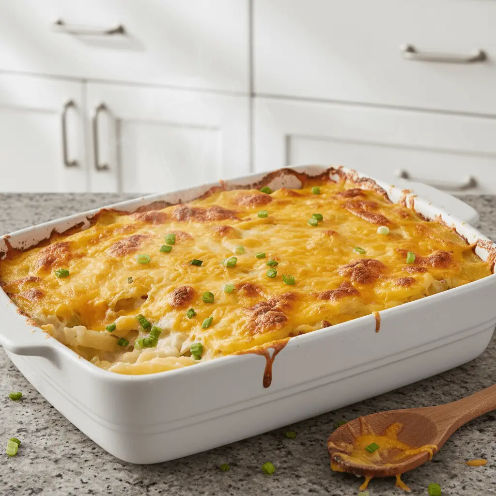 Delicious, bubbling potato casserole fresh from the oven, topped with golden cheese and chives.
