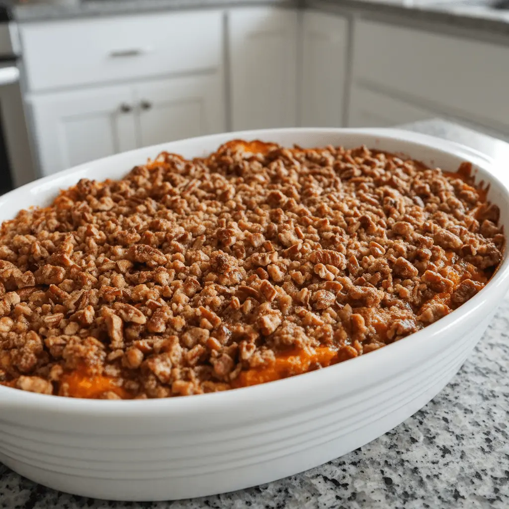 A delicious homemade ruth chris sweet potato casserole with a golden pecan streusel topping in a white baking dish.