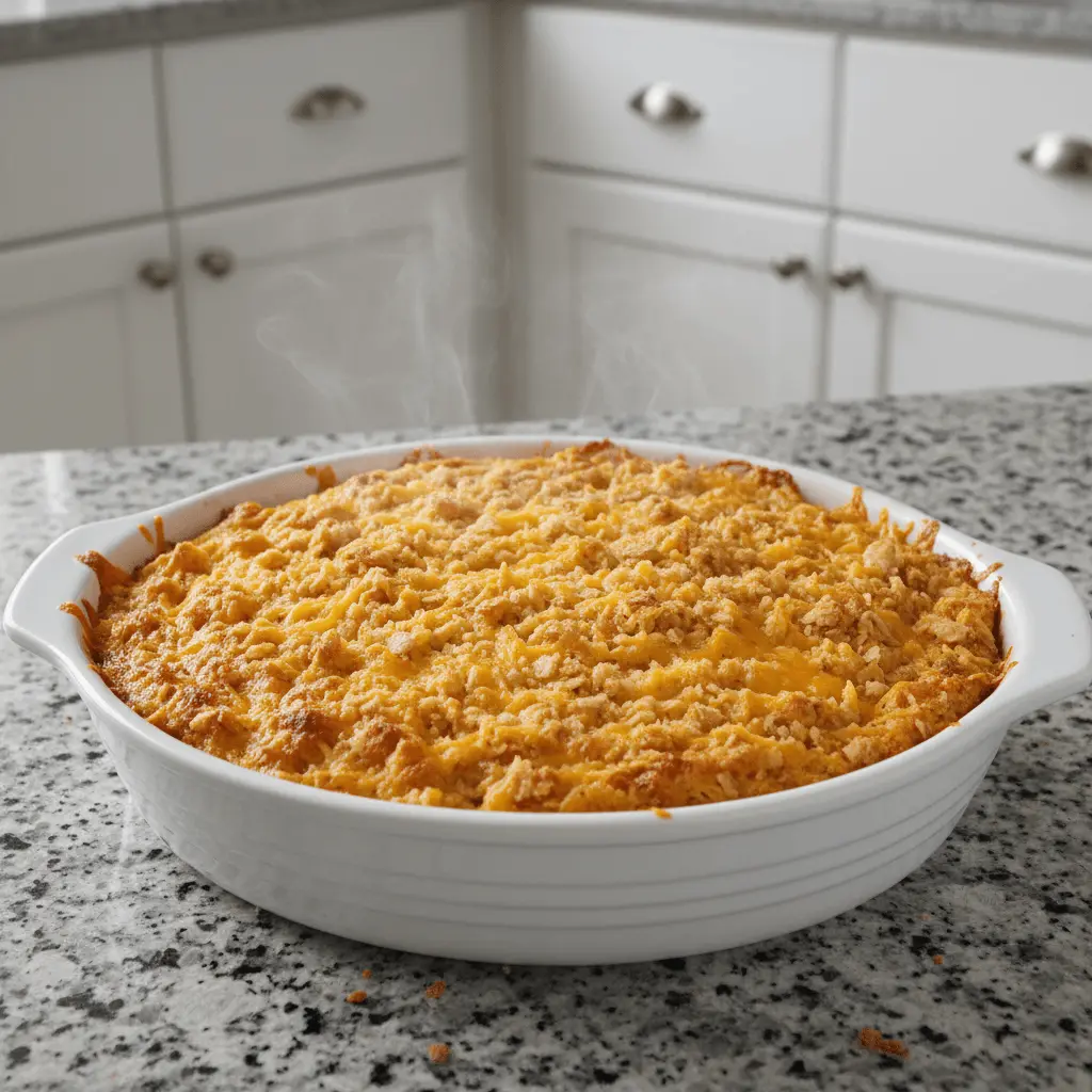 Freshly baked squash casserole with a golden cheesy, crunchy topping, steaming hot on a speckled kitchen countertop.