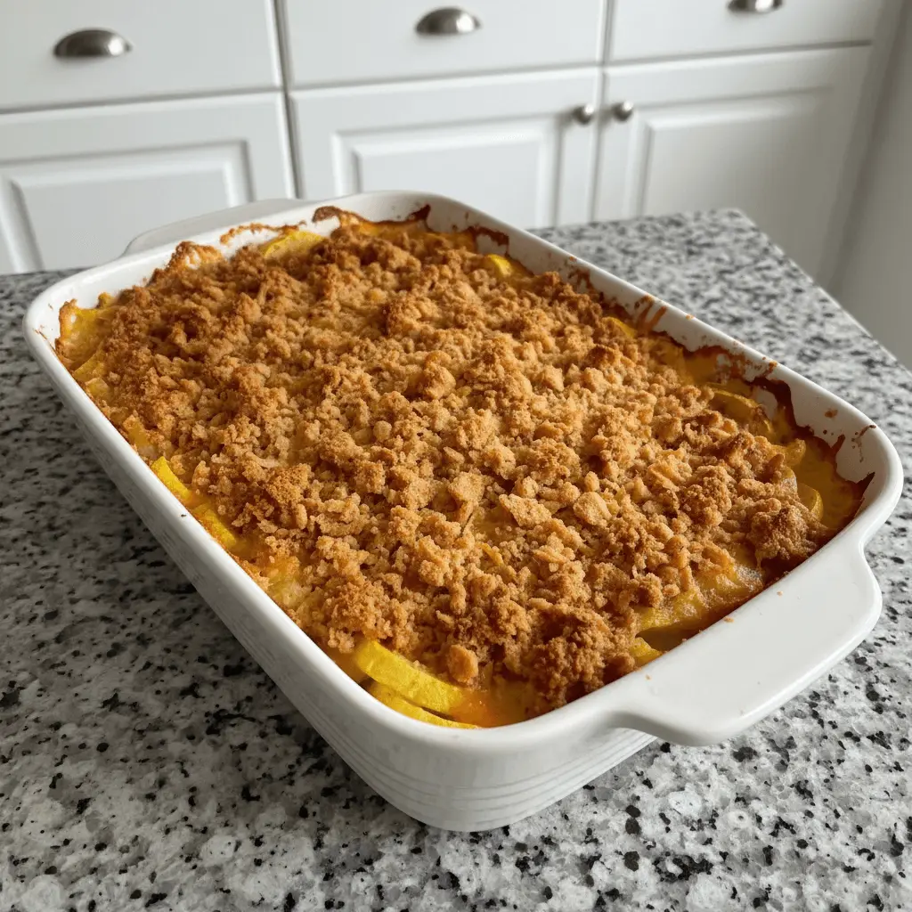 Freshly baked squash casserole with a golden crumb topping in a white ceramic dish.