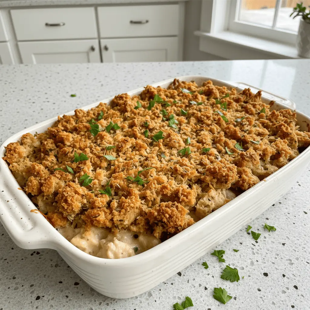Delicious golden-brown stuffing casserole with a crispy herb topping, freshly baked in a ceramic dish.