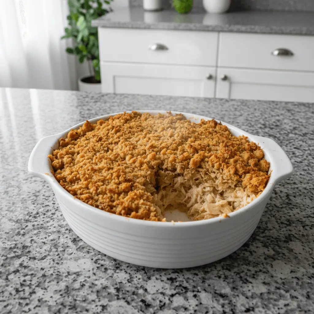 A close-up of a freshly baked stuffing chicken casserole with a golden-brown crumb topping, served in a white ceramic dish on a granite countertop.
