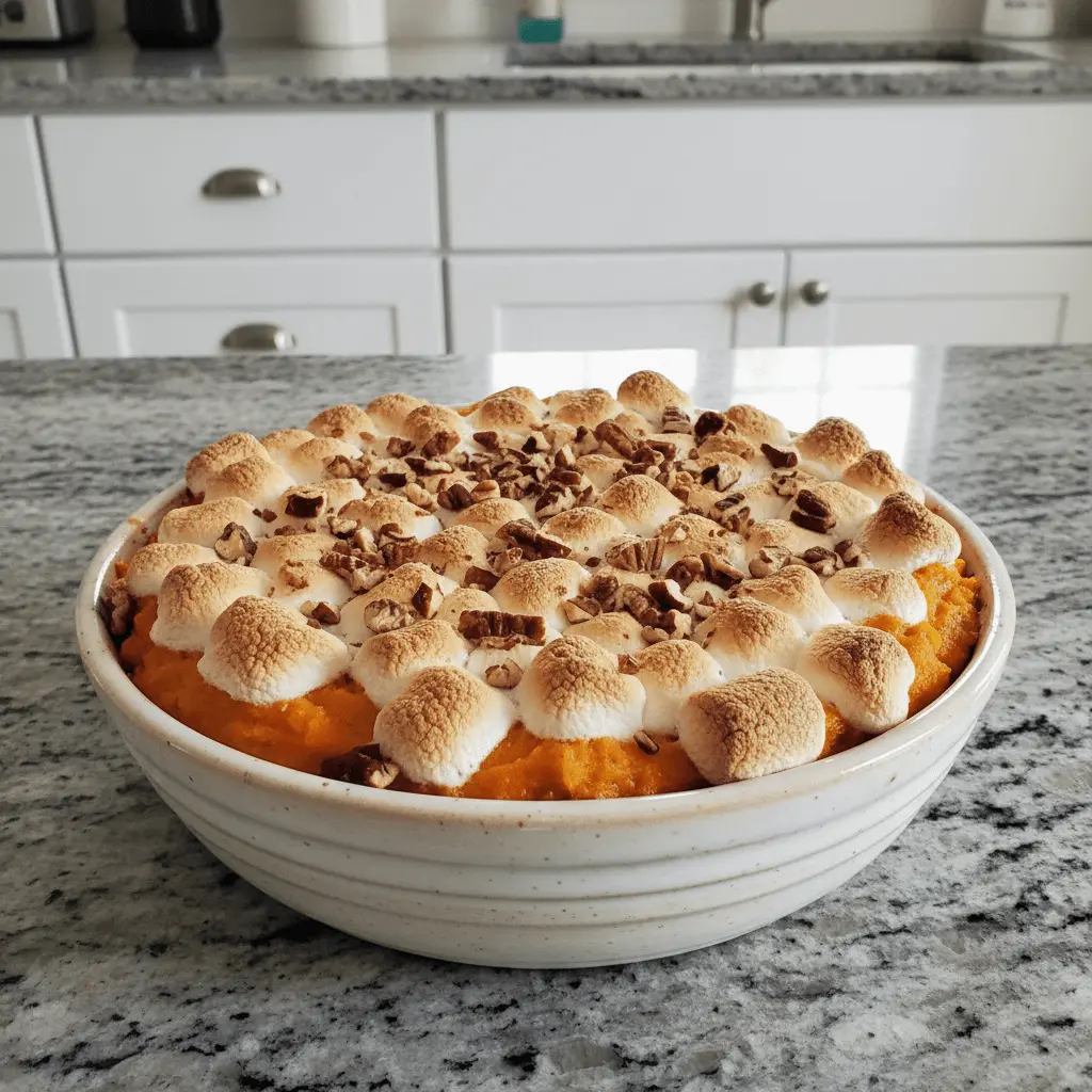 Sweet potato casserole topped with golden-brown toasted marshmallows and chopped pecans on a kitchen counter.