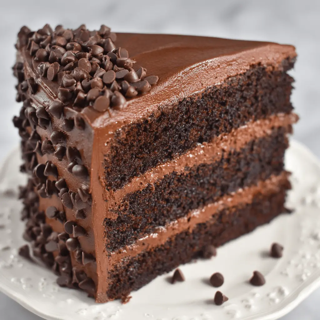 Close-up of a decadent slice of triple chocolate cake with rich layers, smooth frosting, and miniature chocolate chips on a white decorative plate.