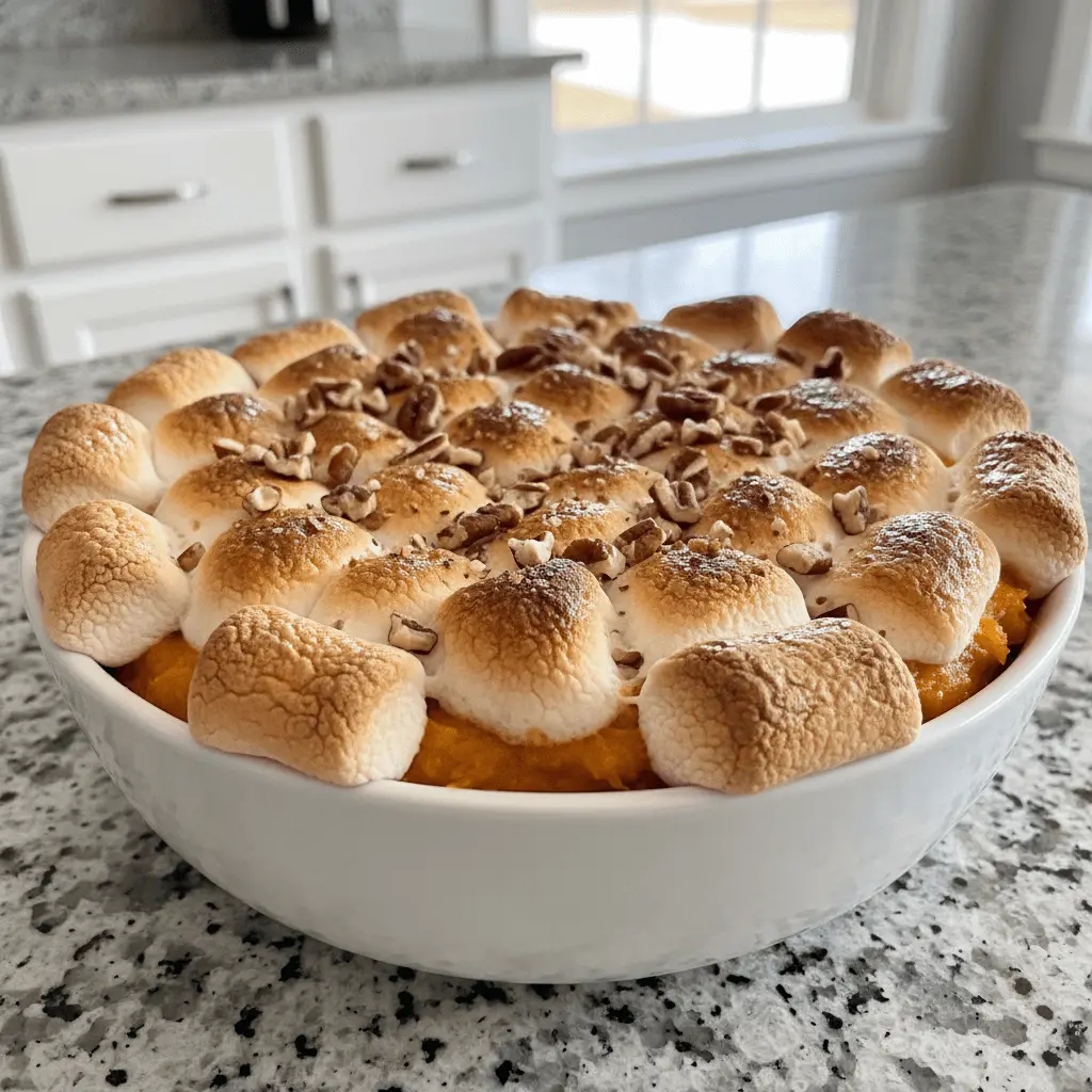 Delicious sweet potato casserole with golden-brown toasted marshmallows and crunchy pecans in a white bowl.