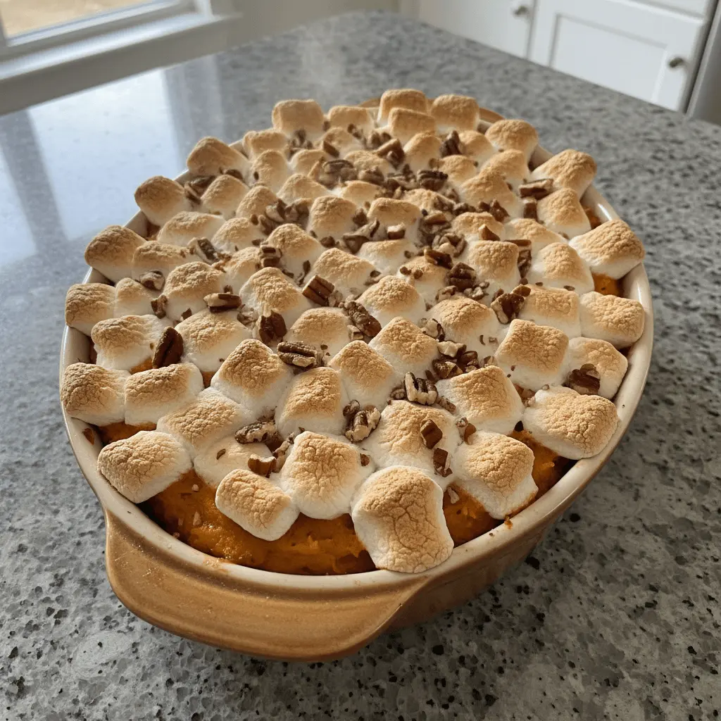 Mouth-watering sweet potato casserole with marshmallows and pecans, perfectly toasted in an elegant oval dish.