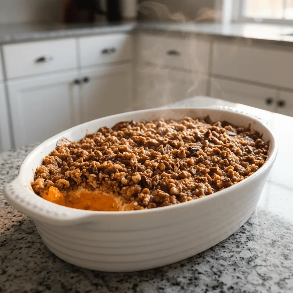 Close-up of a steaming hot sweet potato casserole with pecans in a white baking dish on a granite countertop.
