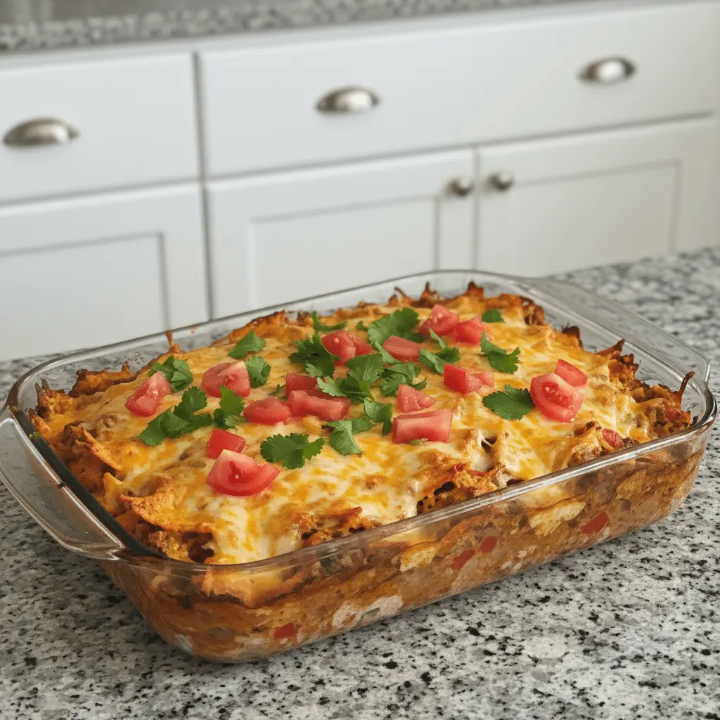 Freshly baked cheesy taco casserole in a glass pan on a kitchen counter.