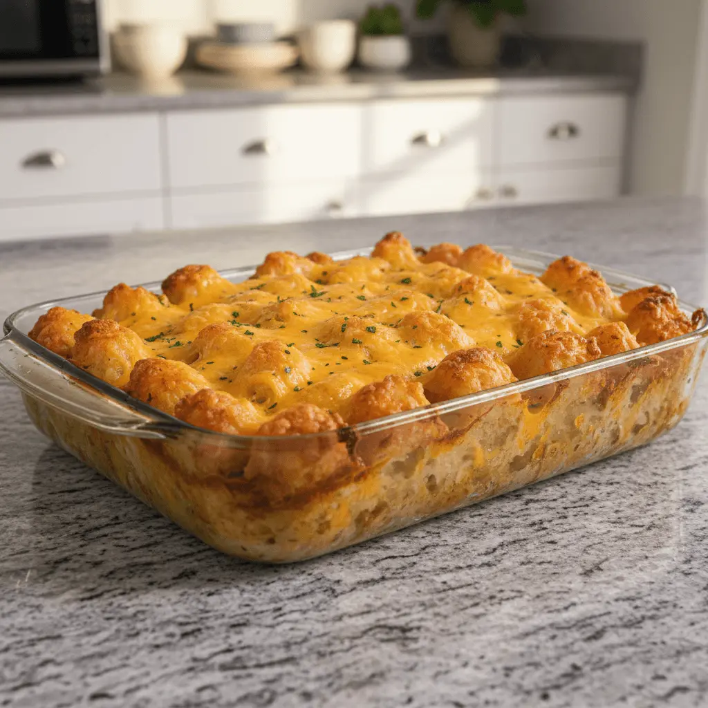 Golden-brown tater tot casserole with melted cheese and fresh herbs in a glass baking dish.