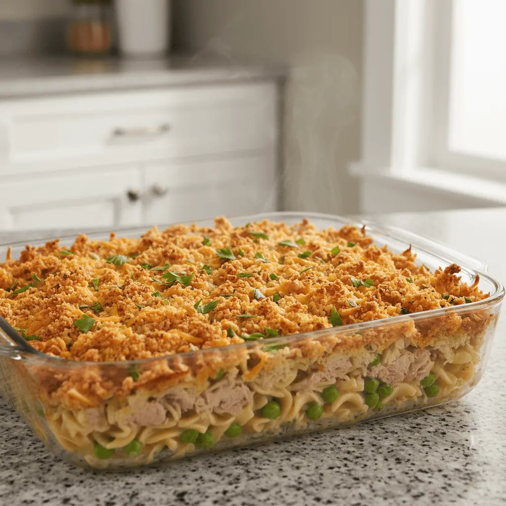 A close-up of a freshly baked, steaming tuna noodle casserole with a golden, crispy crumb topping and visible layers of tuna, noodles, and peas in a modern kitchen.