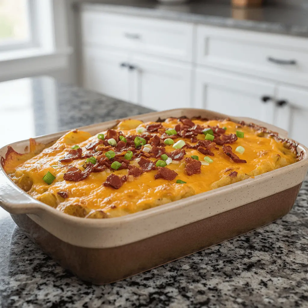 Delicious cheesy bacon-topped twice baked potatoes casserole in a ceramic dish on a modern kitchen counter.