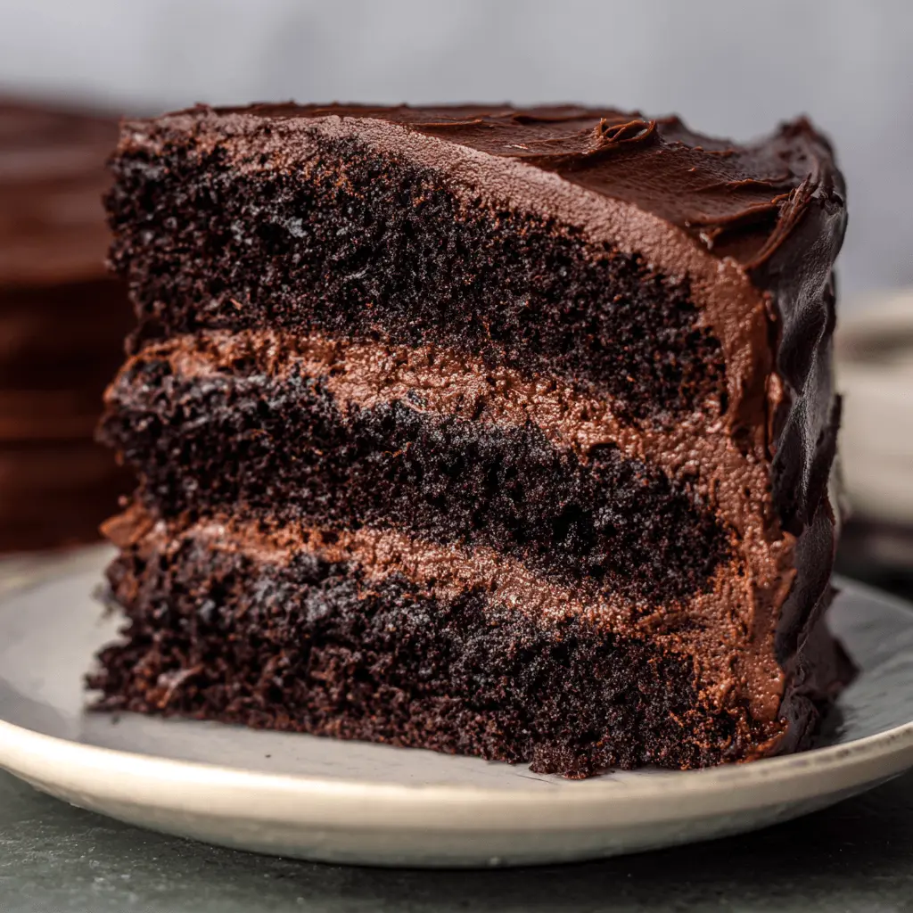 Close-up of a decadent, multi-layered matilda chocolate cake slice on a rustic plate, showing moist cake and creamy frosting.